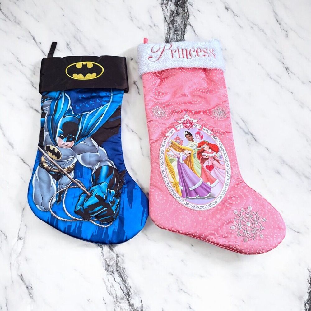 Lot Of 2 Piece Satin Princess/Batman Christmas Stockings Pink/Blue